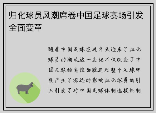 归化球员风潮席卷中国足球赛场引发全面变革 归化球员风潮席卷中国足球赛场引发全面变革